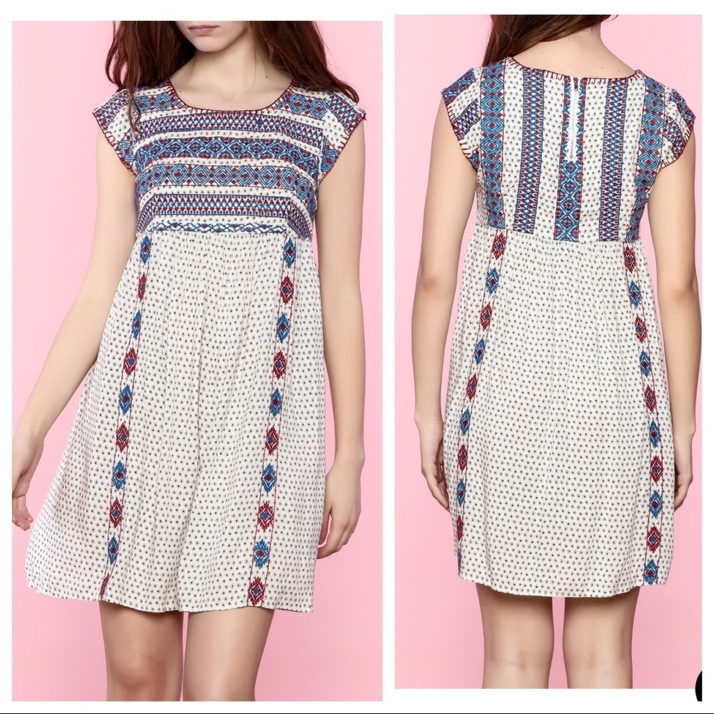 Anthro THML Embroidered Babydoll Blue Red Dress XS